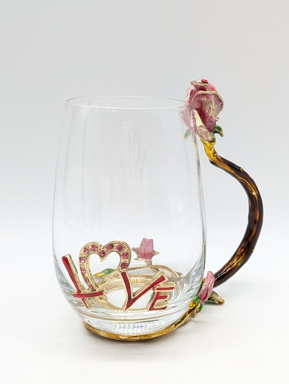 Enameled Floral Love Glass & Metal Drinking Cup